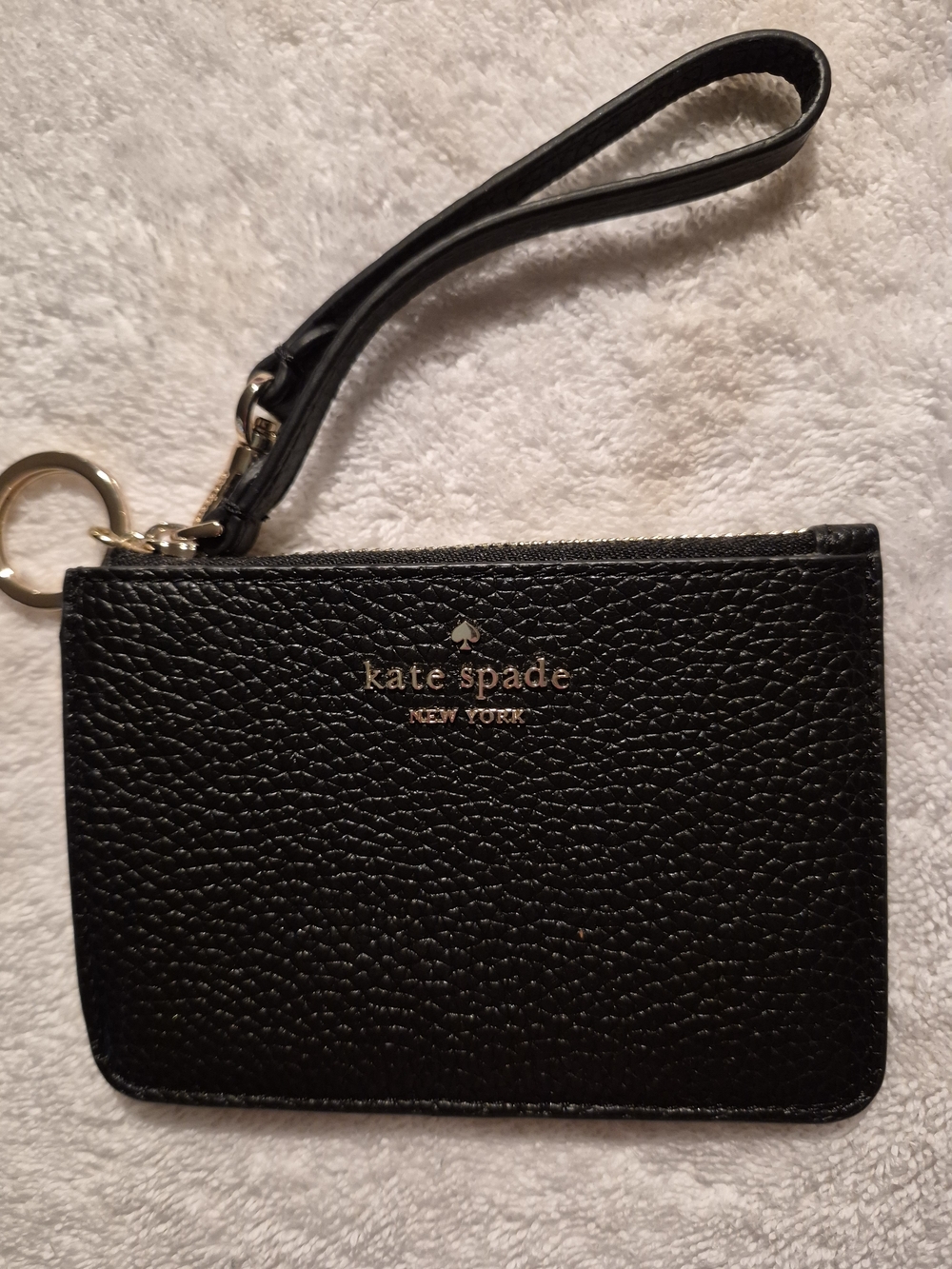 kate spade Black Pebbled Leather Wristlet Key & Card Pouch with Gold Logo